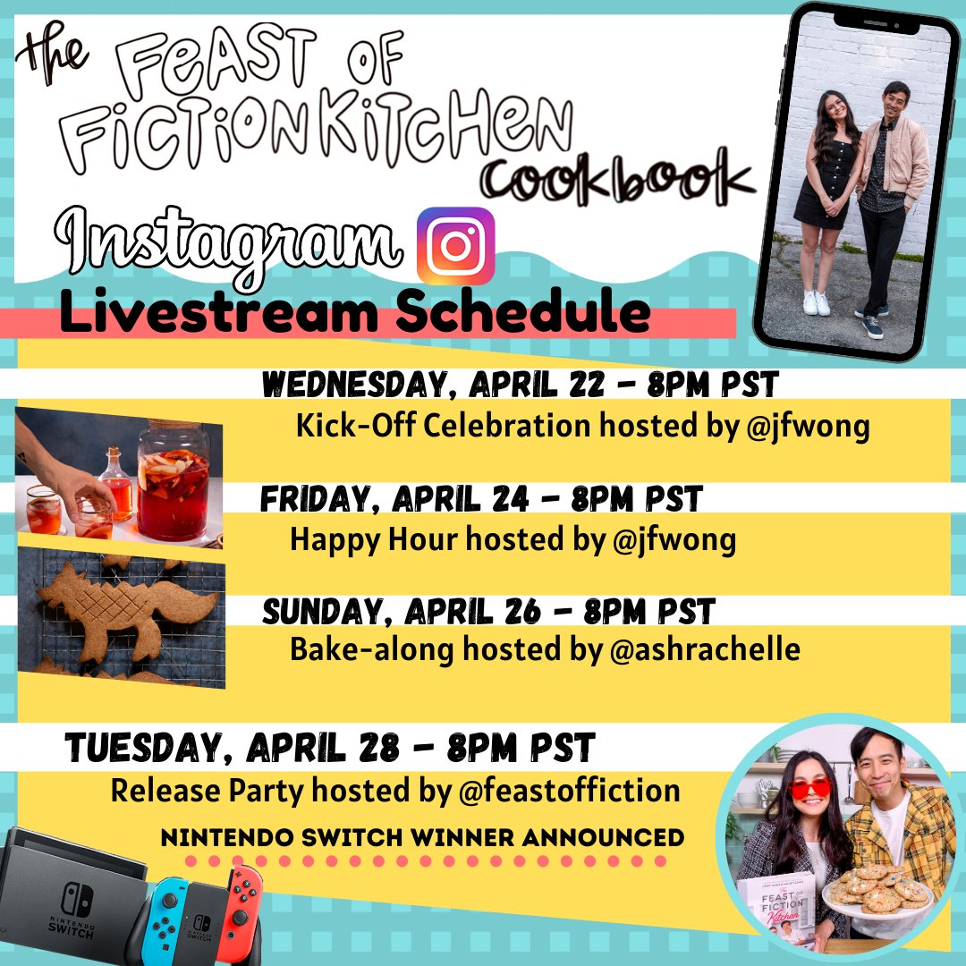 Feasters! We're giving away a NINTENDO SWITCH and copies of our cookbook in a cookie contest!

Celebrate the release of the Feast of Fiction Kitchen this week and weekend with awesome Instagram Livestreams and our Cher-able cookie contests! Enter with #FictionKitchen.

GOOD LUCK!