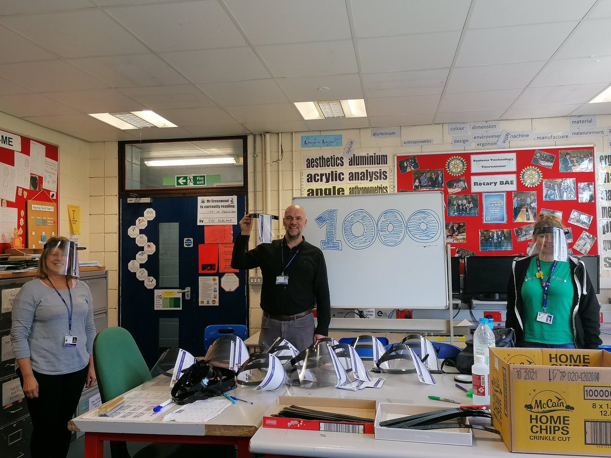 HaslingdenHigh's tweet photo. We remain open to children of key workers but working a rota, so staff could stay home. But we’re making visors for the NHS... Today, there were so many volunteers that some staff were turned away for fear of compromising social distancing! Oh, and we made our 1,000th visor! 👏🏼 https://t.co/ETio5ZoxPN