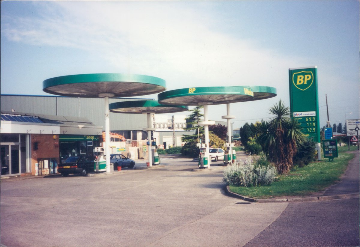 Day 122 of  #petrolstationsBPTaunton Road Service Station, Bridgwater, Somerset, 1999  https://www.flickr.com/photos/danlockton/16070567089/After BP and Mobil merged their European marketing in 1996, most examples of Eliot Noyes' distinctive 1960s Mobil canopy disappeared quickly, but BP rebranded some.