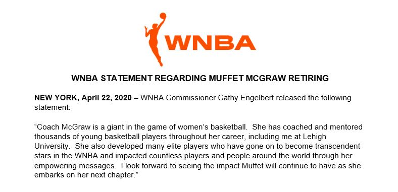 WNBA's tweet photo. WNBA Statement Regarding Muffet McGraw Retiring https://t.co/84ZbbNNKaz