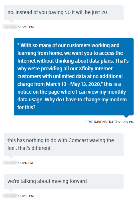 It doesn't click for me until here that this support person is a couple months in the future, while I'm stuck in the present.But the time dilation soon gets worse. I want to know why I'm being charged a $50 unlimited data fee, two bills after announcing the fee would be waived.