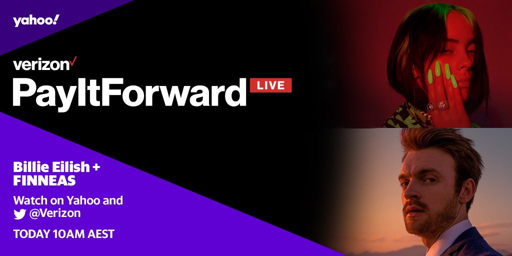 .<a href="/billieeilish/">billie eilish</a> and <a href="/finneas/">FINNEAS</a> will be LIVE today for @verizon’s #PayItForwardLIVE! 

Watch at 10am AEST ✌️

WATCH HERE: yhoo.it/3cG2htQ