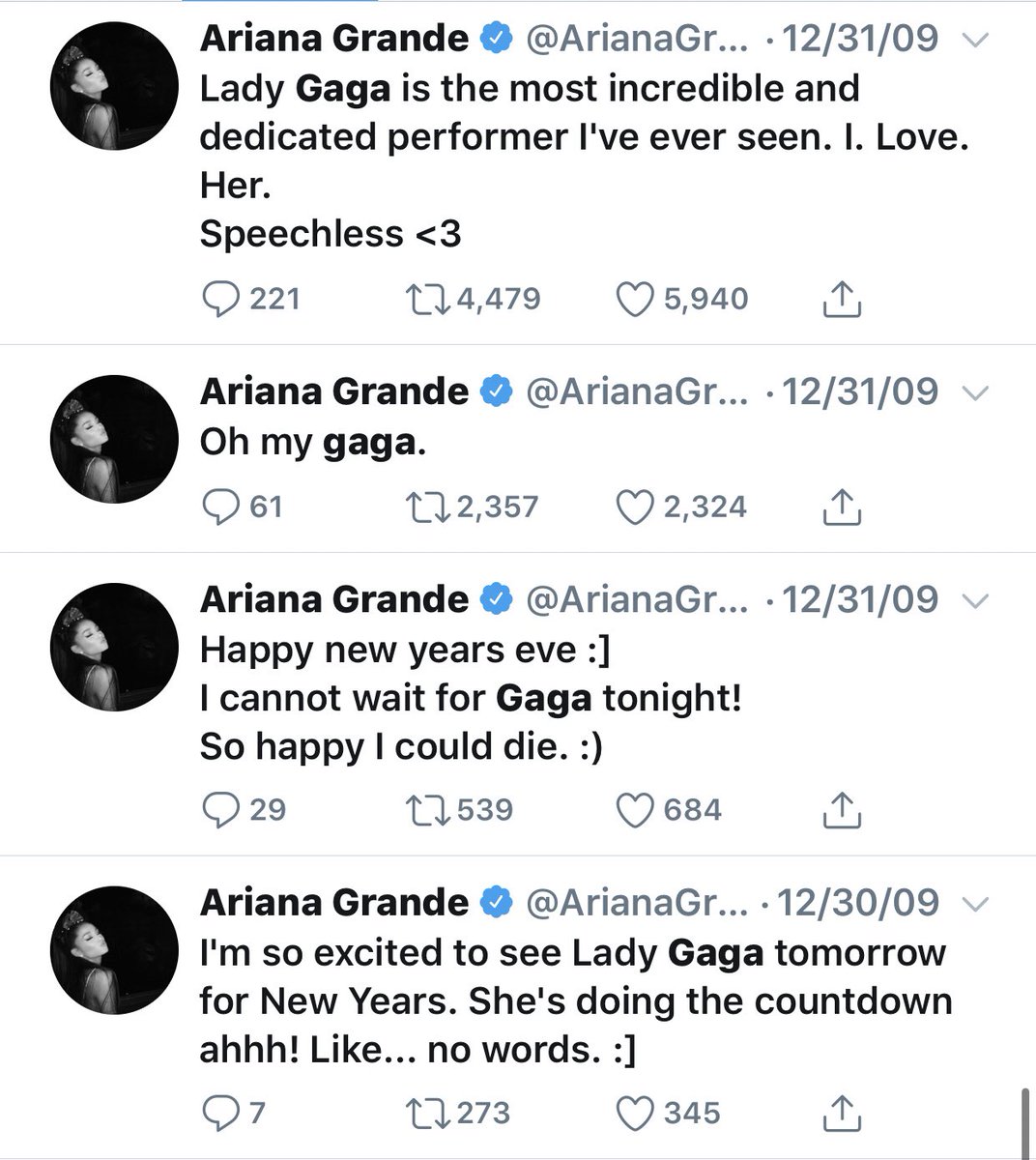 Ariana was clearly very excited to watch Gaga perform on New Years Eve in 2009 and called her the most “incredible and dedicated performer” she’s ever seen.