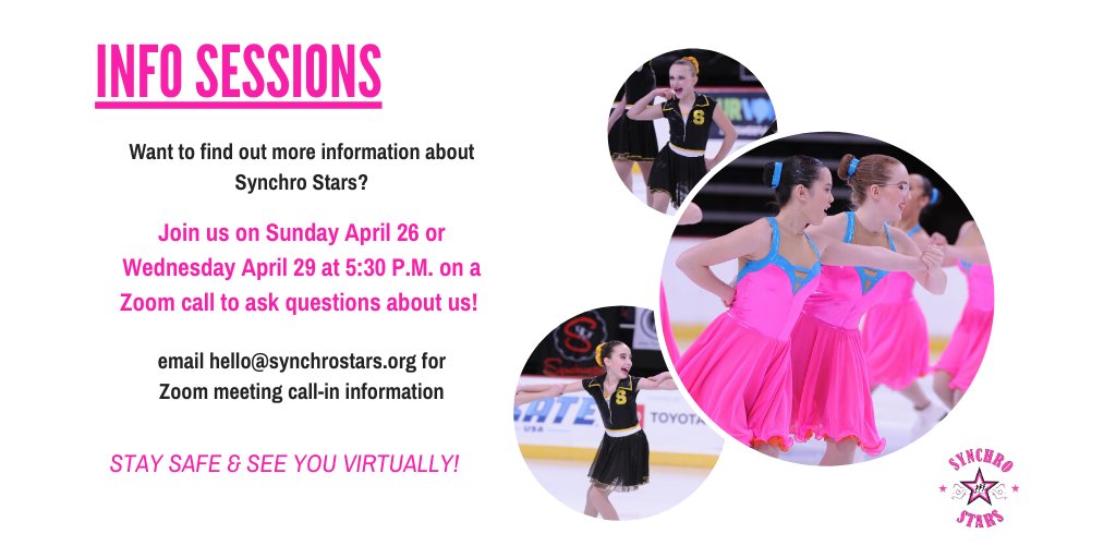 synchro_stars's tweet photo. Join us for Zoom information sessions to learn more about Synchro Stars! email hello@synchrostars for meeting information #gosynchrostars #virtualtryouts https://t.co/LUNrNZbWlA