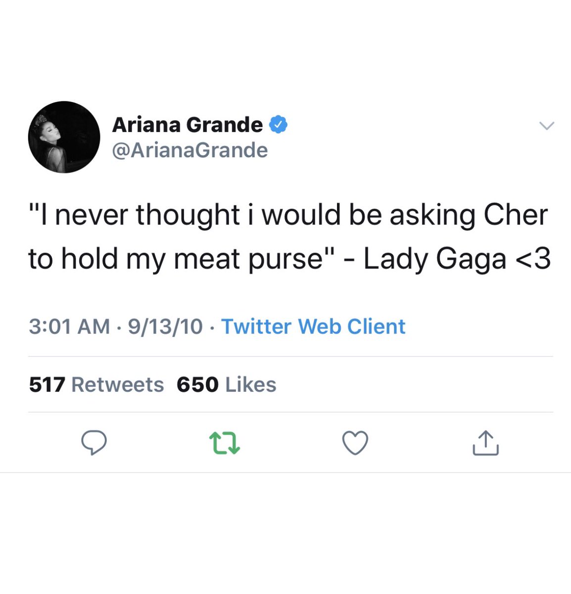 Ariana reacting to Gaga’s 2010 VMAs sweep when she accepted the Video of the Year in the meat dress