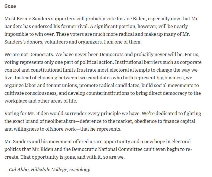 We are not Democrats.We’re dedicated to fighting the exact brand of neoliberalism—deference to the market, obedience to finance capital and willingness to offshore work—that Mr. Biden represents.Read me in  @WSJopinion’s Future View on why we aren’t voting for Biden: