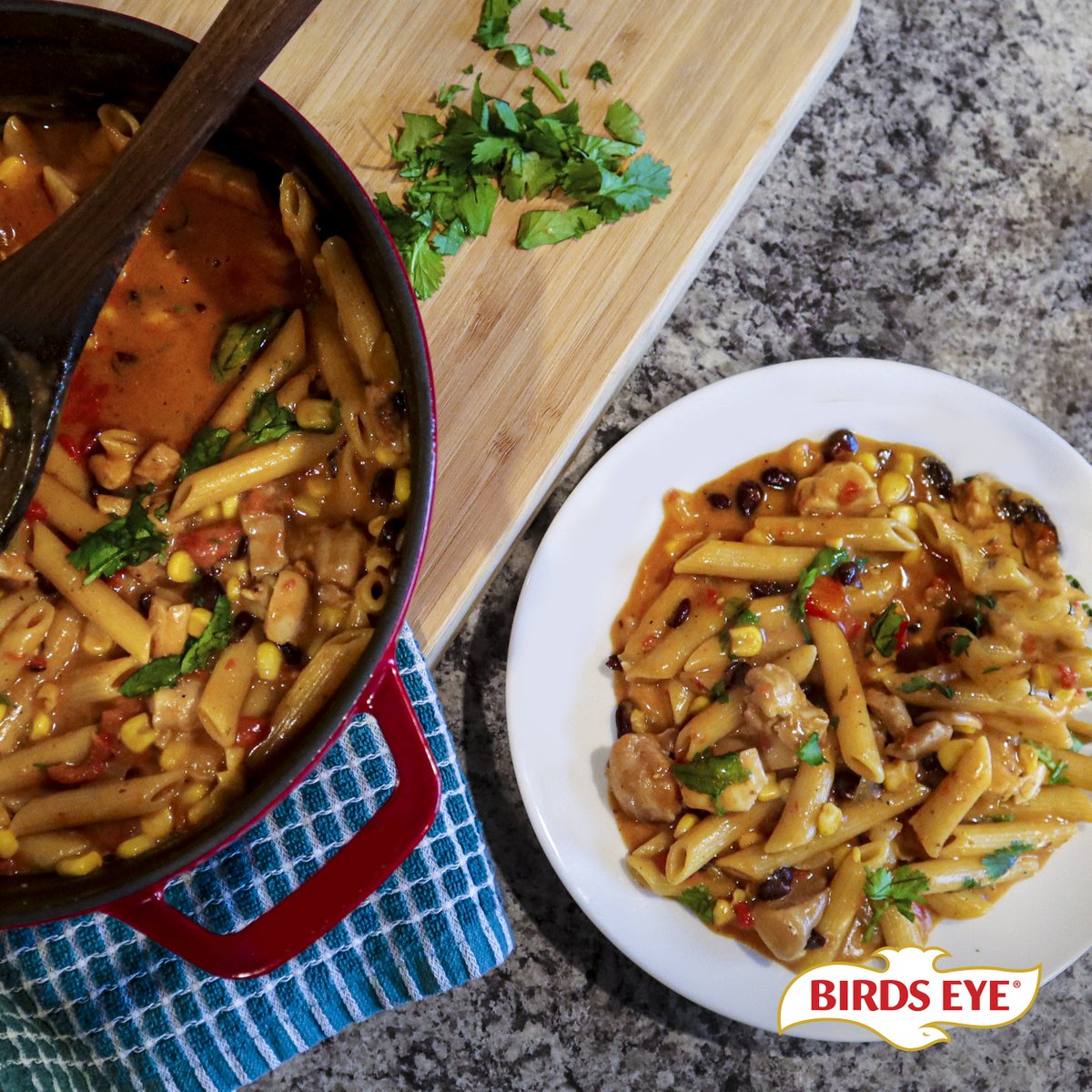 One-pot pasta recipes are so easy and this southwest style pasta gets a spicy kick from a can of Rotel (tomatoes and green chilies)!