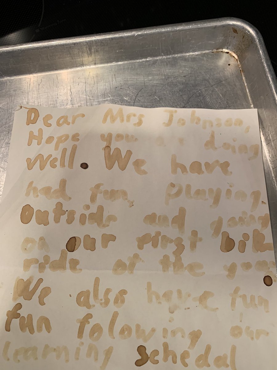 GJohnson4th's tweet photo. One of my Ss sent me a science experiment...a secret message revealed in the oven! So cool! @PacElementary @PACSchools https://t.co/6bDnXzRifn