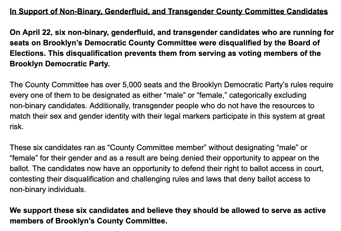 newkingsdems's tweet photo. Today, 6 TGNCNB County Committee Candidates were disqualified from the ballot for not designating male or female on their petitions.

We stand in support of these candidates along with a coalition of elected officials and candidates: https://t.co/k9MEsjesWN https://t.co/KfVbhRCCnb