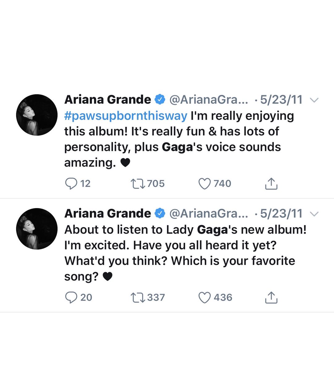 Ariana showed her support for the Born This Way album when it was released also. The taste!