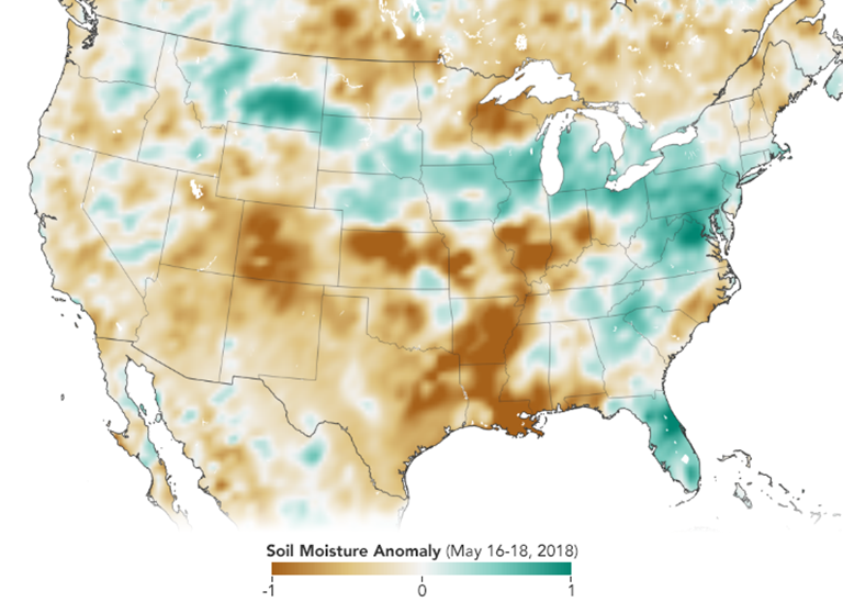 Jan. 2015  We launched SMAP on a mission to study global coverage of soil moisture and freeze/thaw measurements. This map, created with SMAP data from May 16 to 18, 2018, shows green where soils are wetter than normal and brown where soils are drier than normal. 