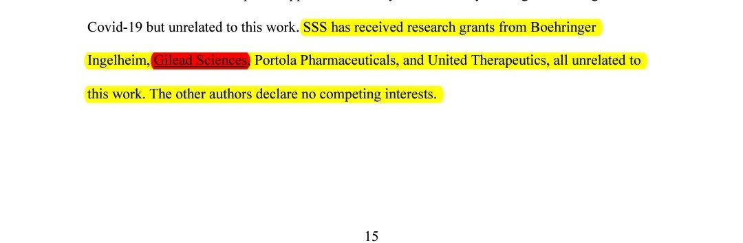 Petit détail, cerise sur le gateau on va dire:"l'etude",reprise comme anticipée en choeur,sans aucune analyse critique par l'ensemble de la presse,et mm par notre ministre Veran pr se justifier,a recu des financements de...GILEAD  le concurrent de l'HCQ...avec son  #remdisivir