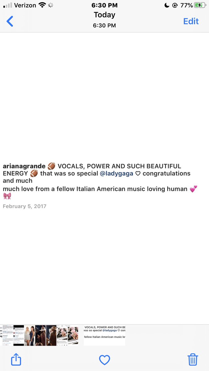 Ariana supported Gaga on Instagram following her Super Bowl Halftime Performance in 2017
