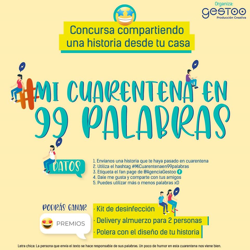 AGestoo's tweet photo. En tiempos de pandemia te invitamos a escribir una historia de #micuarentenaen99palabras. Envíala al fanpage Gestoo y participa por un muy buen premio. resultados 4 de mayo 12 hrs Magallanes. Recepción de historia: 1 de mayo 21hrs #quedateenencasa y cuidémonos entre todos https://t.co/Rpebdo54sC