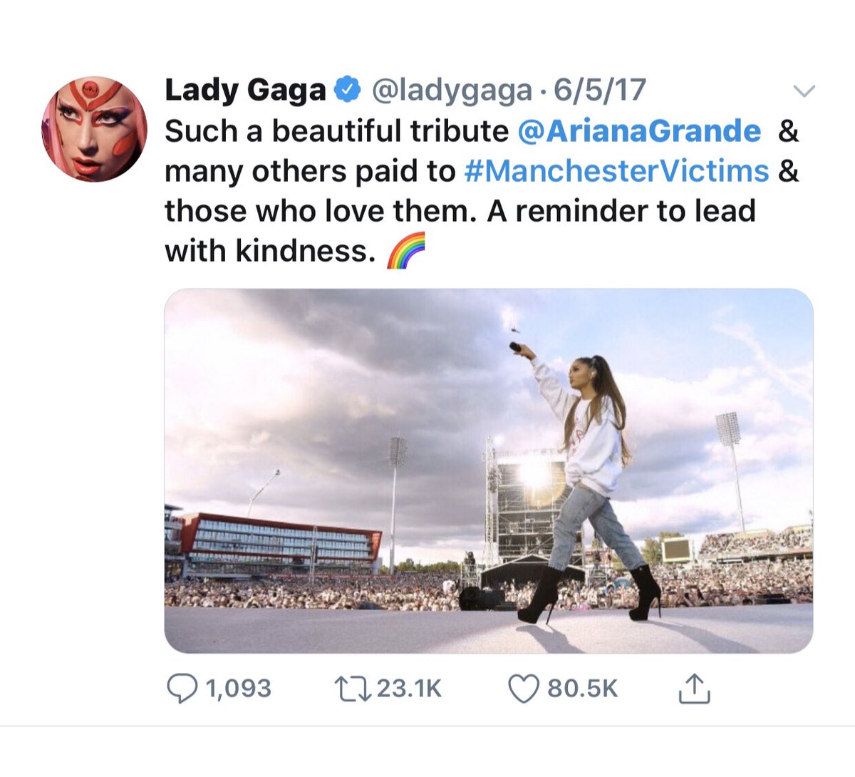 Gaga showed her support to Grande the following month after the Manchester Terrorist Attacks