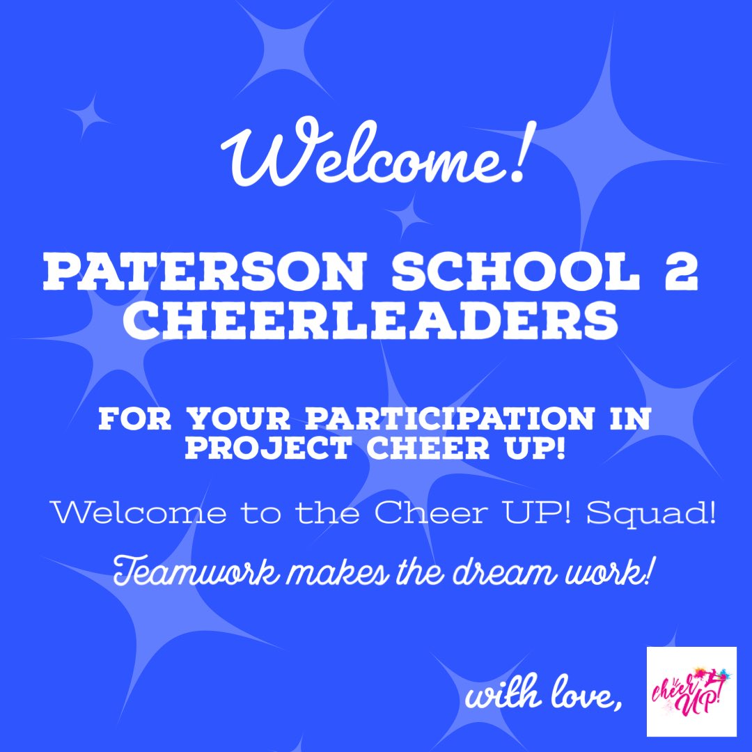 projectcheerup1's tweet photo. Hello Paterson School 2 Cheerleaders! and welcome to Project CheerUP! We are so grateful for your participation and can’t wait to see how you #cheerUPtheworld! #projectcheerup #cheerup #leaderswhocheer #cheerleadersunited #cheerforgood https://t.co/SwoDkYS9H7