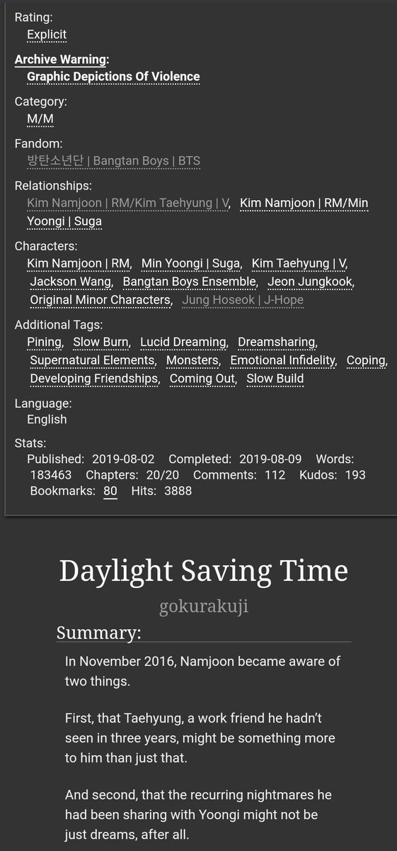 Daylight Saving Time by  @yakultco #taejoon.  #vmon. completed. exquisite world building. immersive. grammar nazi who? http://archiveofourown.org/works/20069179 