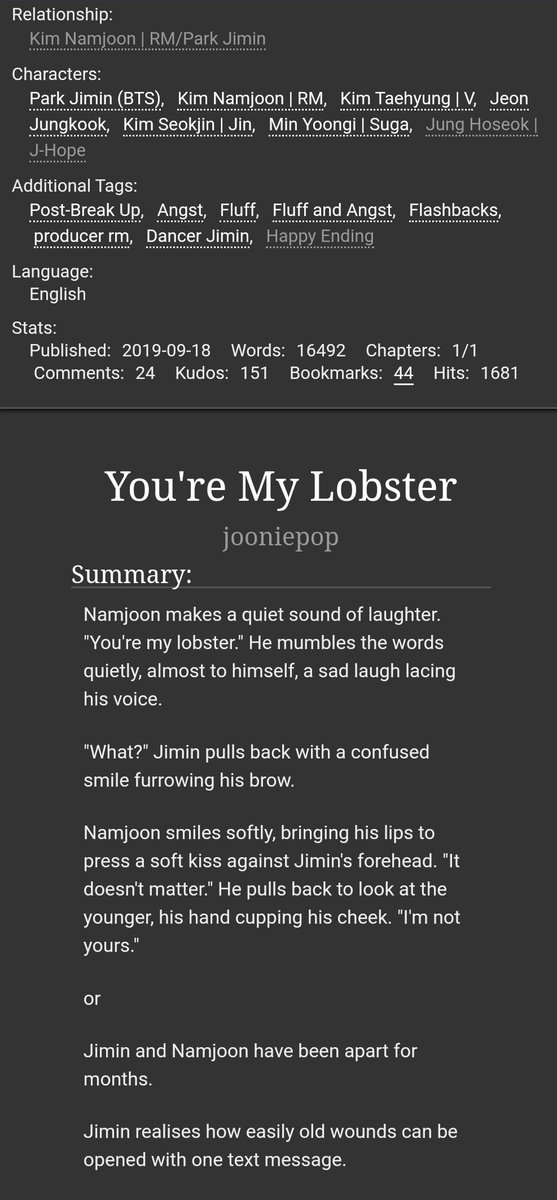 You're My Lobster by  @jooniepop #minjoon. completed. break-up. this made me cry at ass o'clock in the morning. http://archiveofourown.org/works/20581856 