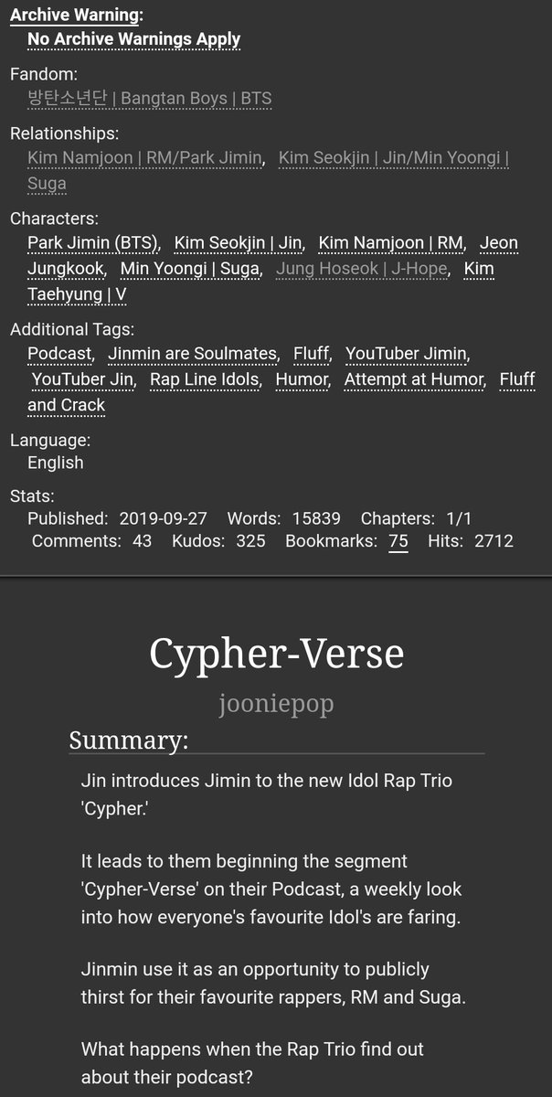 Cypher-Verse by  @jooniepop #minjoon. completed. jimin has a crush on namjoon. uwu http://archiveofourown.org/works/20747180 