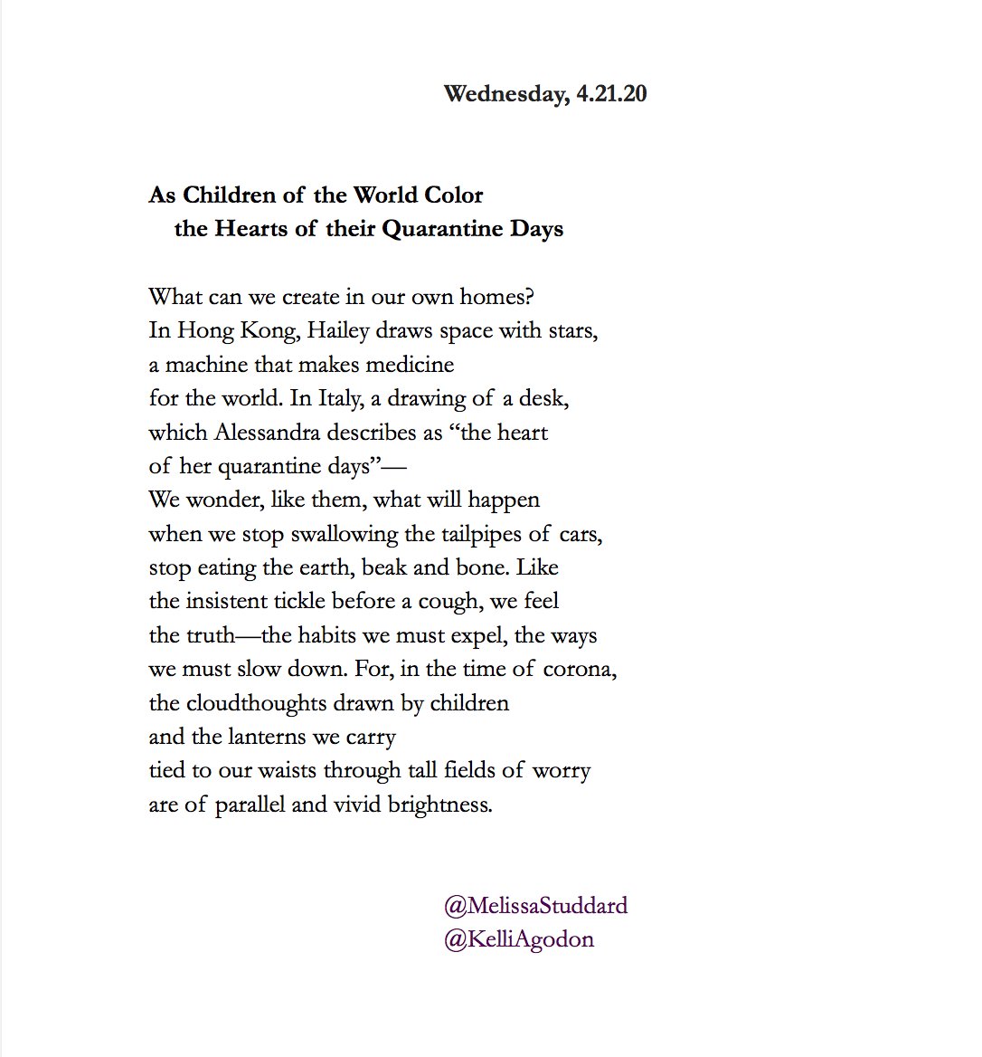 MelissaStuddard's tweet photo. We wonder, like them, what will happen
when we stop swallowing the tailpipes of cars,
stop eating the earth, beak and bone.
--Co-Authored with @KelliAgodon
#dailywave #poem #poetry #quarantine https://t.co/lE5QXWJae2