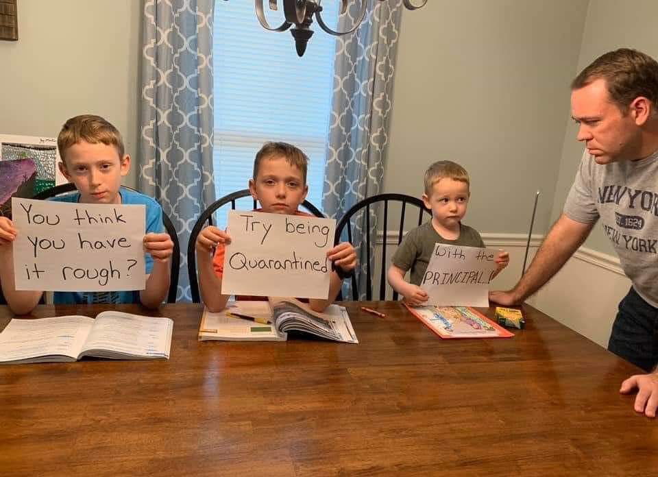 ELLMsR's tweet photo. I thought my kid had it rough being quarantined at home with a teacher, but then I saw this. 😂 
I hadn't considered being at home with a principal as a parent! 
#MortonPride #TeachersVSPrincipals #WeAreAllEducators #GoodLuckKids 😂 https://t.co/1JvaiYeaYz