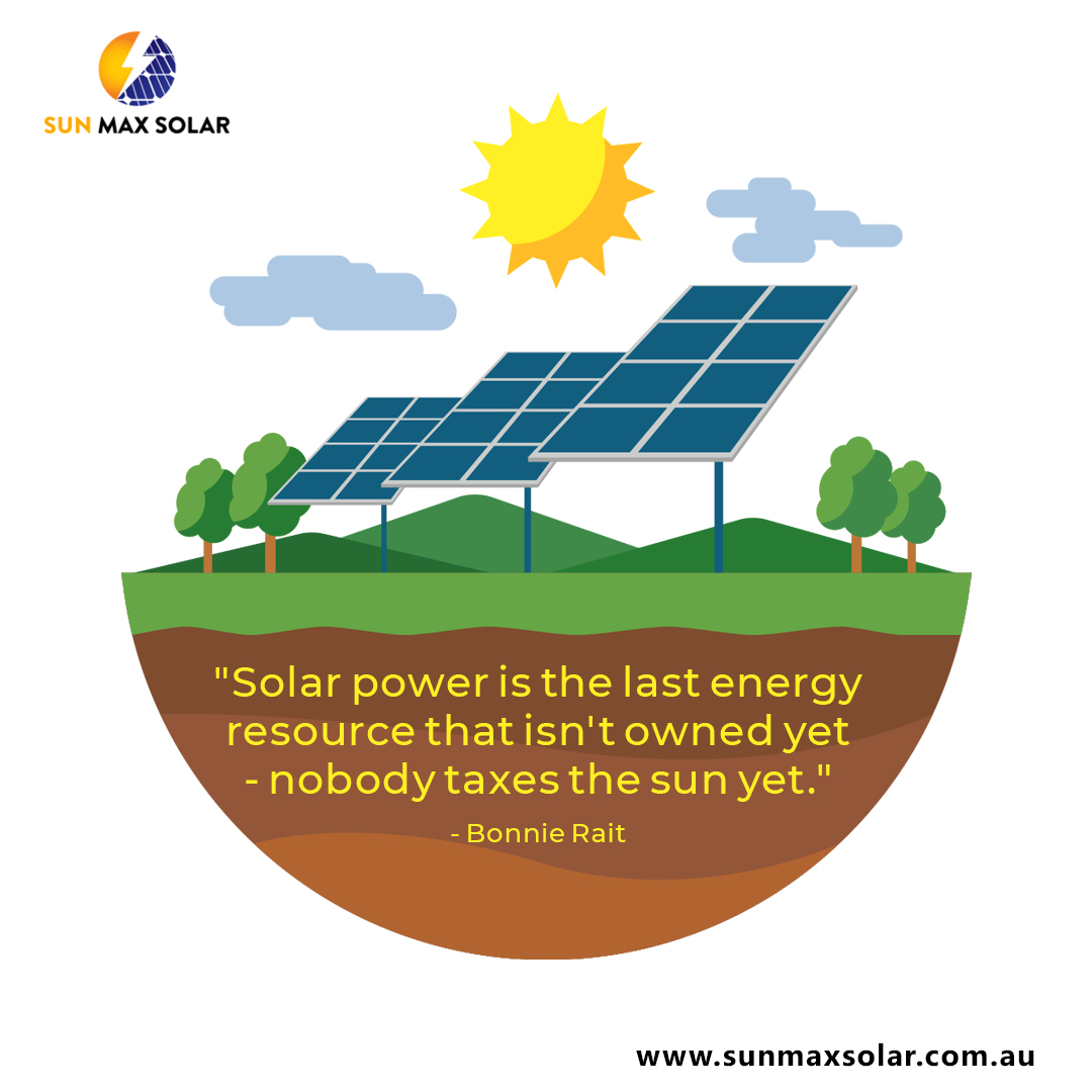sunmaxsolarau's tweet photo. "Solar power is the last energy resource that isn't owned yet - nobody taxes the sun yet."- Bonnie Rait
#solarquote #solarinstallation #solarenergy #solarlight #nsw #Sydney #brisbane #australiansolar #renewableenergy #greenenergy https://t.co/Waj4BwTzmb