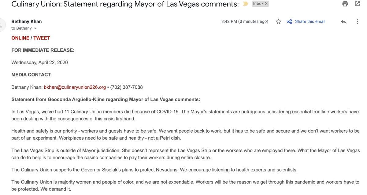 RalstonReports's tweet photo. Brutal statement from Culinary Union on Goodman interview:

"In Las Vegas, we’ve had 11 Culinary Union members die because of COVID-19. The Mayor’s statements are outrageous considering essential frontline workers have been dealing with the consequences of this crisis firsthand." https://t.co/wYliBP86ZE