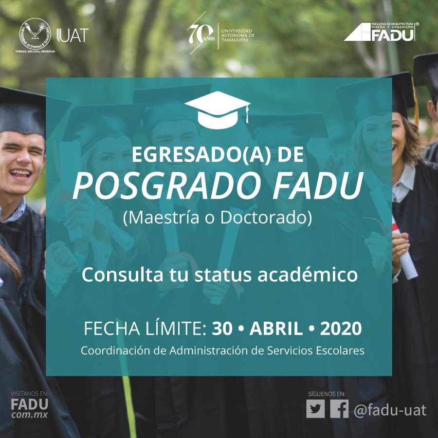 FADU_UAT's tweet photo. #EgresadoFADU de maestría o doctorado, conforme al Libro abierto artículo 47 del Reglamento de Posgrado e Investigación de nuestra
@UAT_mx cuentas con
«5 años para titularte»
Consulta tu situación personal https://t.co/hD3tthGmlH
#YoCreoEnlaUAT #SomosUAT #OrgulloFADU https://t.co/PfRDv5wYQW