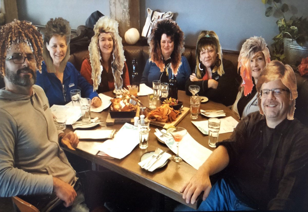 jrent's tweet photo. My team’s virtual meeting today had an 80’s theme, in celebration of the pending retirement of one of my team members and myself. Really loved the 80’s hair Photoshop work. #lovethisteam #fun #gratitude #laughter #30plusyears @amfam https://t.co/ApP6xdX1wB