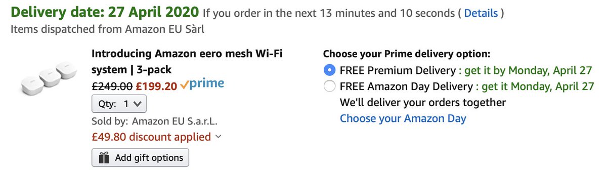 .@AmazonHelp @AmazonUK Good evening! I just called your CS to enquire why the Amazon Eero has a £49 price difference between your website and Prime Now. I need the item before Monday. Can you help? This is an Amazon product so should be price matched surely? Thanks & keep well!