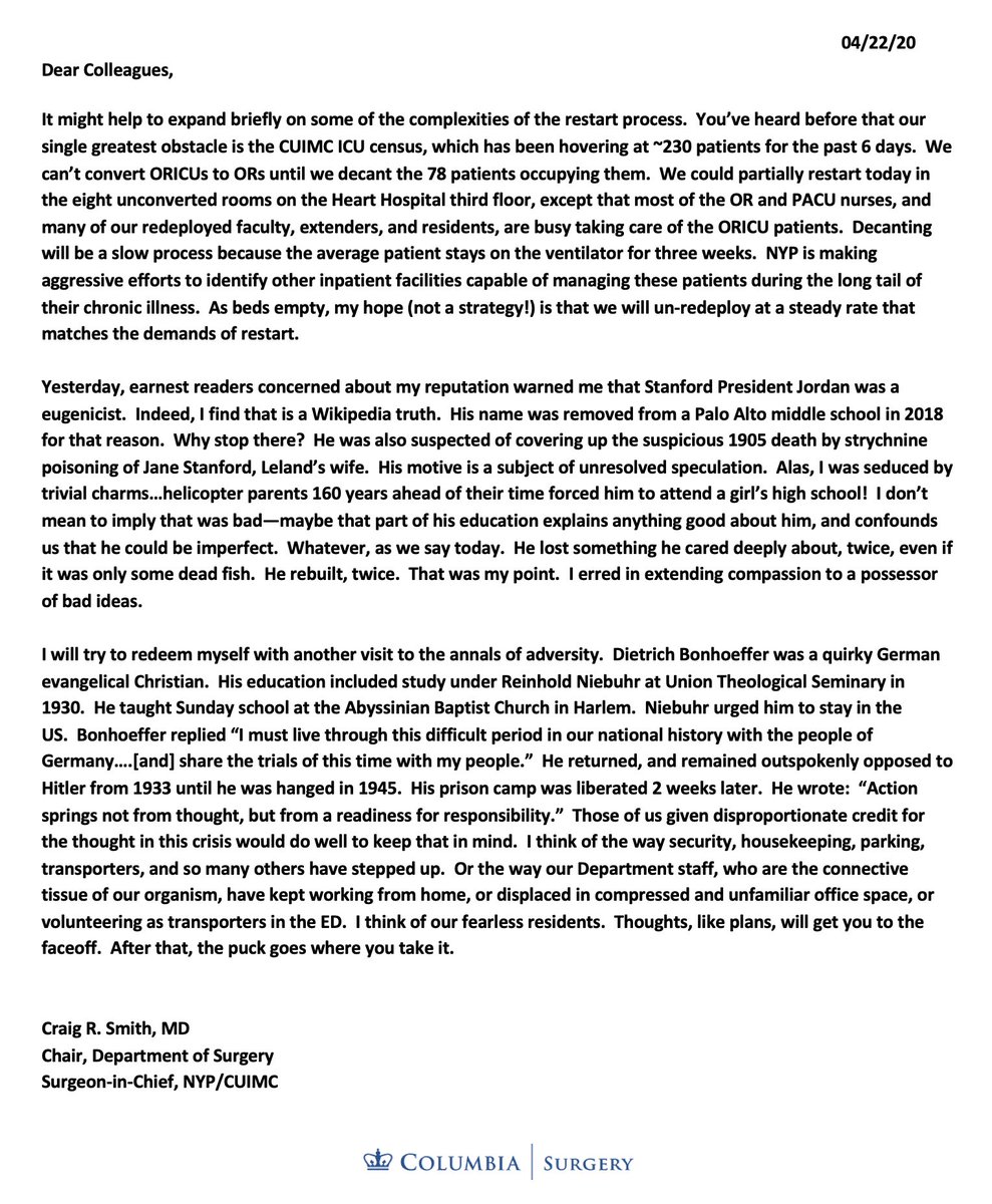COVID-19 Update: Wednesday, 4/22/20The latest missive from Dr. Craig Smith on   #COVID19:  https://columbiasurgery.org/news/covi...