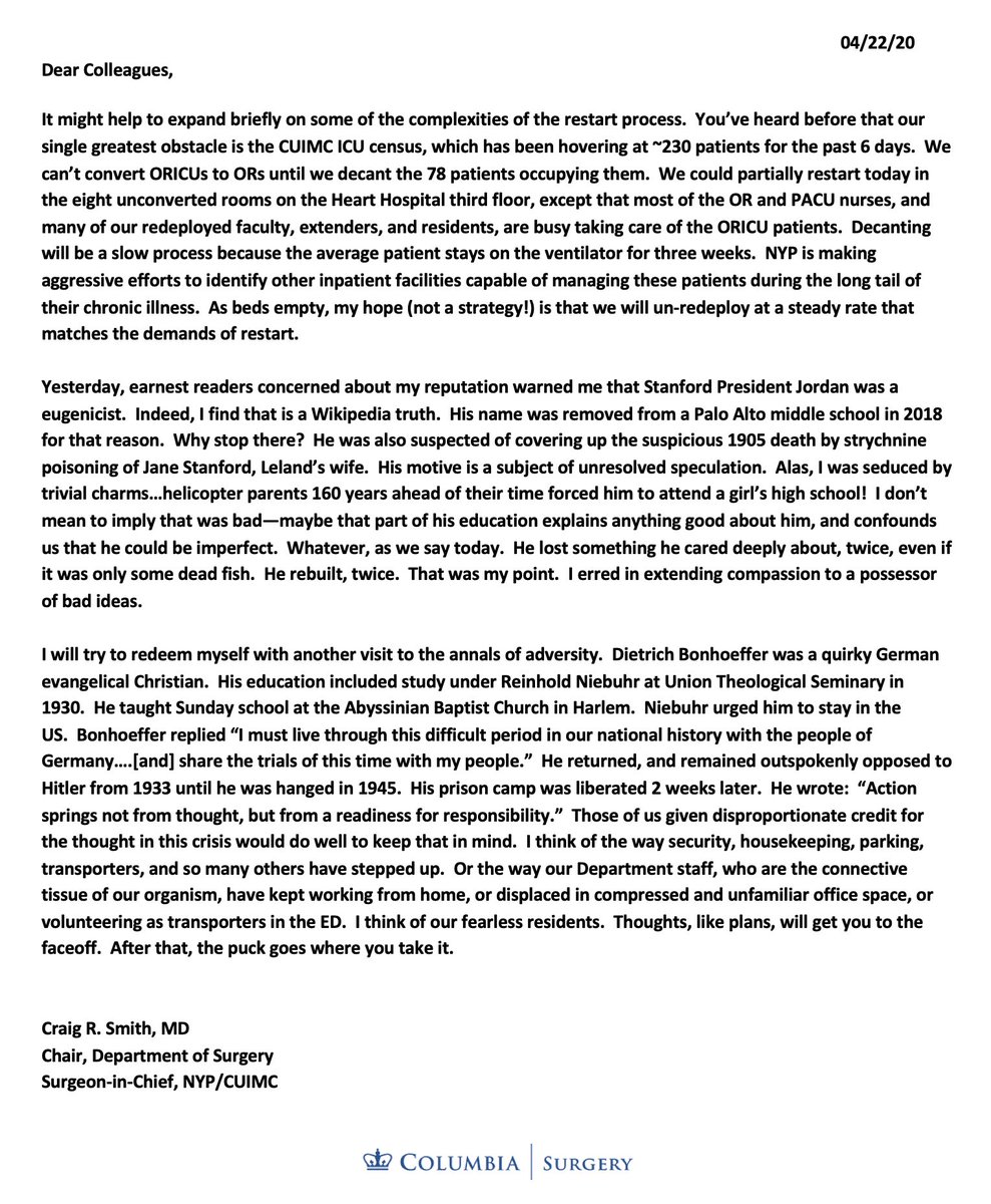 COVID-19 Update: Wednesday, 4/22/20The latest missive from Dr. Craig Smith on  #COVID19:  https://columbiasurgery.org/news/covid-19-update-dr-smith-42220