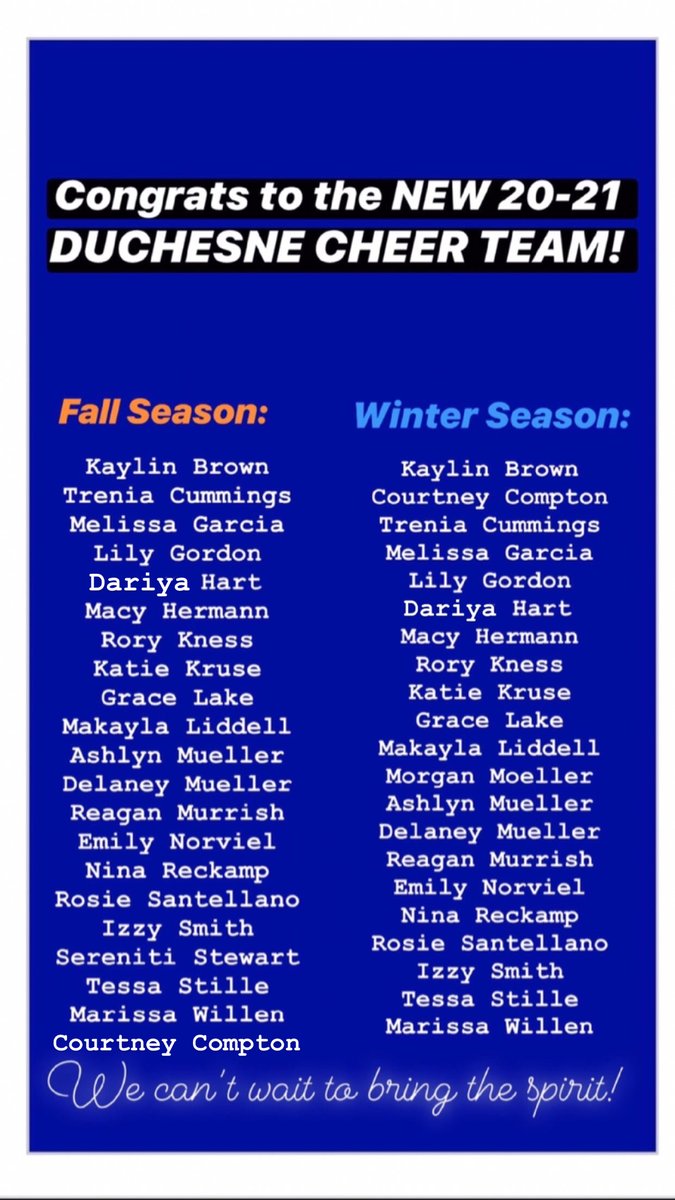 DuchesneCheer's tweet photo. Check out our new 20-21 Cheer Team! Who is ready for this year?!?! @DuchesneHS 
#DHS #Cheer #spirit #family #blueandwhite https://t.co/eztolRHJYp
