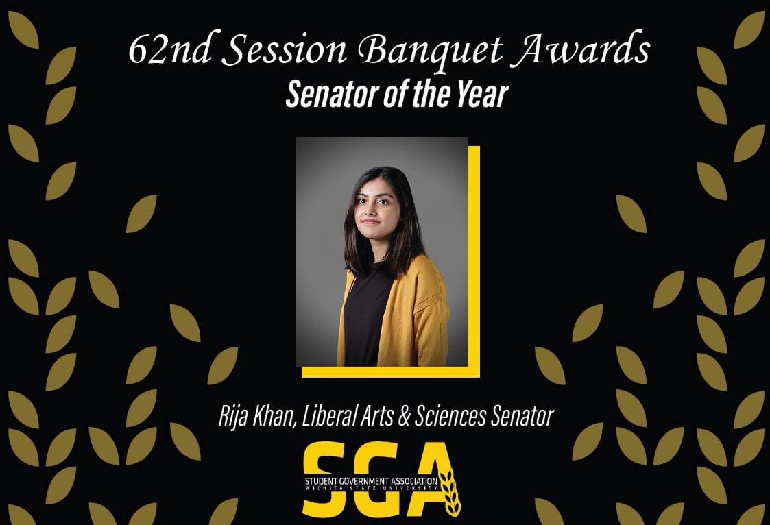 WichitaStateSGA's tweet photo. For our final awards for the 62nd Session, we would like to honor those who were voted the Senator, Cabinet Member, and Supreme Court Justice of the Year.
Congratulations to Rija Khan, Mackenzie Haas, Colleen Ostermann, Wambi Moenga and Odalis Vicencio!
#WichitaStateSGA https://t.co/uucfsGp8Jj