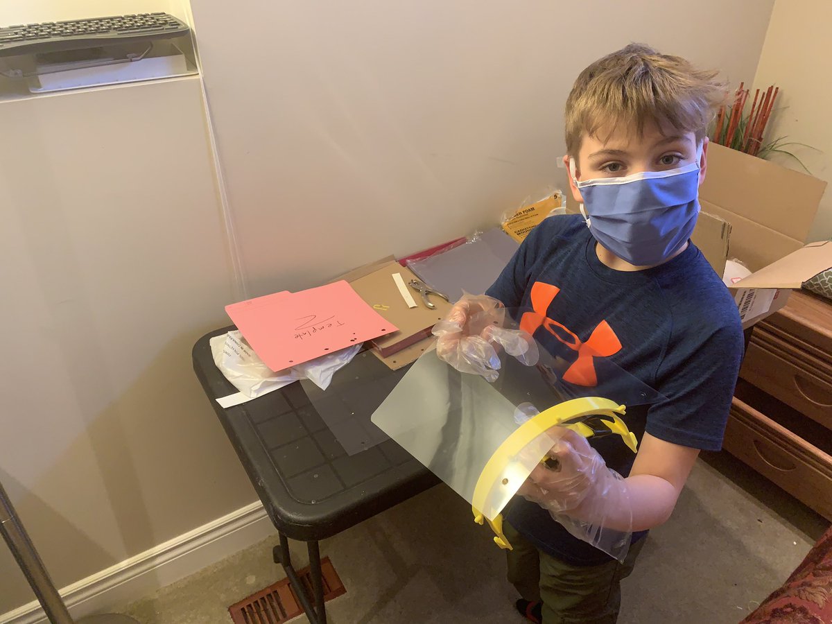 kmcreelis's tweet photo. Aidan age 10 after helping me for several weeks equip PPE for my building - decided to adopt our local LTC facility near our home and is Producing FaceShields for Health Care Workers - Amazing to see him engaged in a worthwhile community seevice project.  #COVID19 #faceshields https://t.co/s4J1RGuSMA