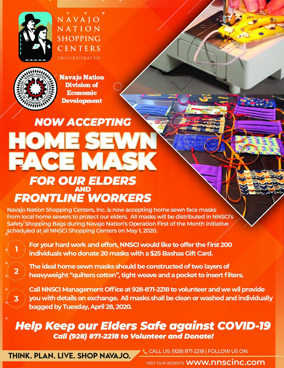 Navajo Nation Shopping Centers, Inc. (@navajo_inc) on Twitter photo We are accepting homemade sewn face masks for #Navajo elderly and frontline workers. First 200 people who donate 20 masks get a $25 <a href="/BashasMarkets/">Bashas' Supermarkets</a>
Gift Card, due April 28. #COVIDใผ19 #facemask #donate <a href="/navajonation/">@navajonation</a> <a href="/navajotimes/">Navajo Times</a> We are accepting homemade sewn face masks for #Navajo elderly and frontline workers. First 200 people who donate 20 masks get a $25 <a href="/BashasMarkets/">Bashas' Supermarkets</a>
Gift Card, due April 28. #COVIDใผ19 #facemask #donate <a href="/navajonation/">@navajonation</a> <a href="/navajotimes/">Navajo Times</a>