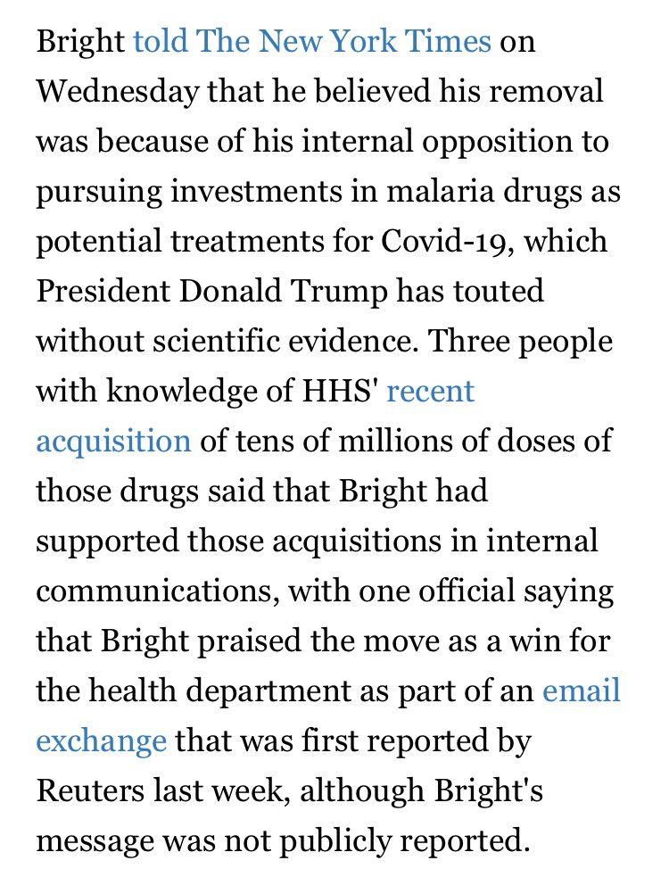 UPDATE: Rick Bright, vaccine expert who said he was ousted for opposing Trump’s drive to acquire malaria drugs, recently praised the acquisition in internal emails.  https://www.politico.com/news/2020/04/22/hhs-ousts-vaccine-expert-as-covid-19-threat-grows-201642