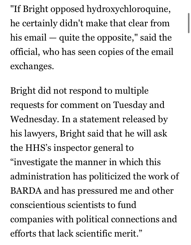 UPDATE: Rick Bright, vaccine expert who said he was ousted for opposing Trump’s drive to acquire malaria drugs, recently praised the acquisition in internal emails.  https://www.politico.com/news/2020/04/22/hhs-ousts-vaccine-expert-as-covid-19-threat-grows-201642