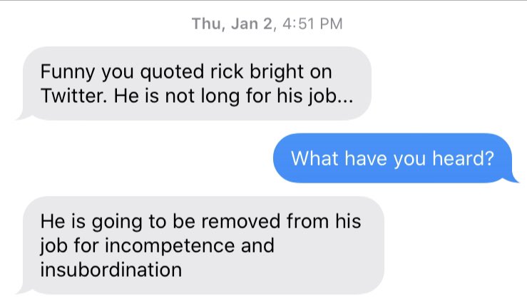 The Trump administration has been working to oust Bright since last year, as officials battled with him over his management and leadership.With permission, sharing this time-stamped text from individual with knowledge of those fights.