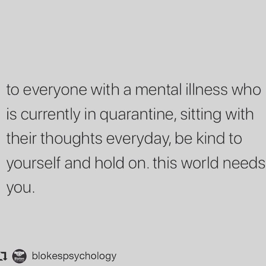 Solidarity, friends. This is definitely me. #mentalhealthawareness #anxiety #depression #adhd #add #ocd #ptsd 
#Repost @blokespsychology
• • • • • •
Blokes Psychology ☝️🙌🏼You got this! #thursday #mensmentalhealth #isolationquotes #covid_19 #menta… instagr.am/p/B_TKENhH3O-/