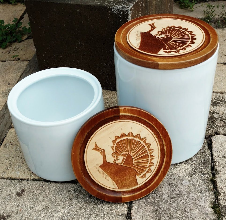 ICTMakers's tweet photo. Parts &amp; pieces are hard to find lately, so we tried a little repurposing! We started with some name-brand ceramic cannisters and added our own wooden lids. https://t.co/EtYk3gWp3j
