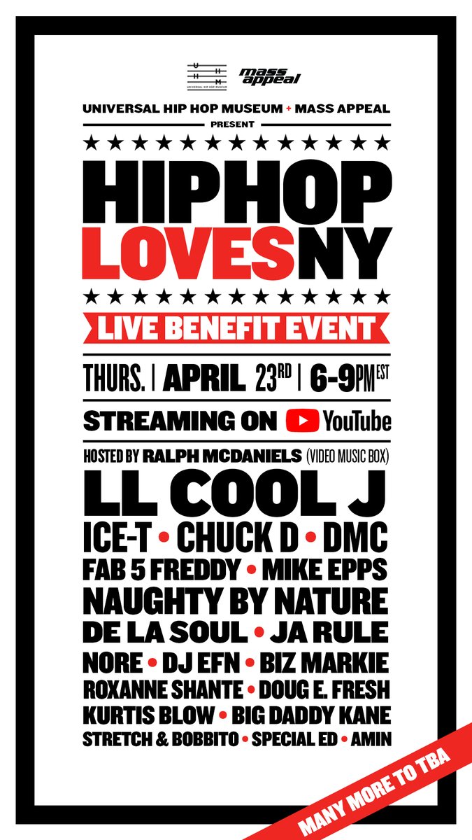 thhmuseum's tweet photo. It just keeps getting better! @llcoolj &amp; DMC have now confirmed. This is in addition 2 Chuck D, Ice-T, De La, Nore, BDK, Doug E Fresh, Roxanne Shante, Kurtis Blow, Special Ed, Biz &amp; so many more! Let's raise some $ 4 NY's frontline healthcare workers on 4/23/20 @ 6pm EST. #UHHM https://t.co/VBN1LcuZBo