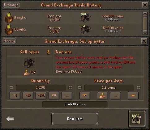 [F2P PROGRESS LOCKED]I bought 1200 Iron Ores for 120k (my bank so far), but apparently I can't trade/sell 'em cuz of "account restrictions".As I don't plan to spend 20 hours playing at divided XP rates, this puts an end to this thread: I'll just wait for P2P.  #OSRS