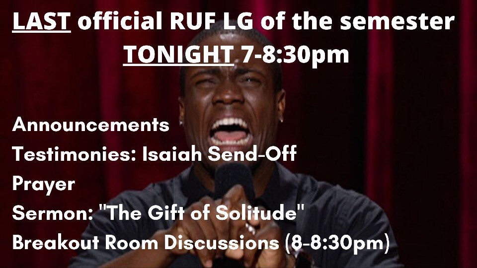 RUFHouston's tweet photo. Join us for the final large group of the semester! We'll be discussing some relevant topics about quarantine. DM for the zoom login info if you wish to join. https://t.co/ii8VHfCrDB