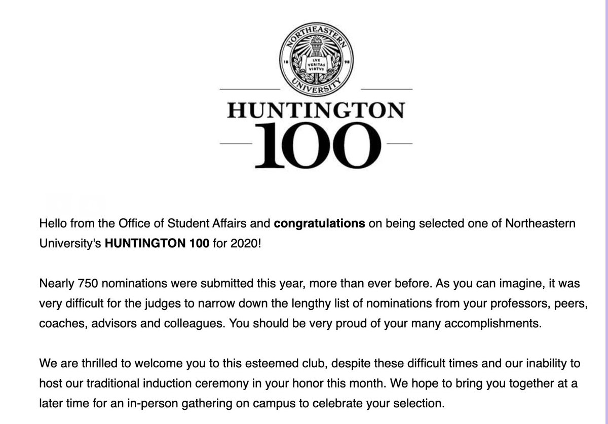 clairewill22's tweet photo. Today I finished all my coursework for my bachelor's degree in biochemistry @Northeastern AND got inducted into the #Huntington100!!! #threecheersforfiveyears https://t.co/ecpodgIoFA