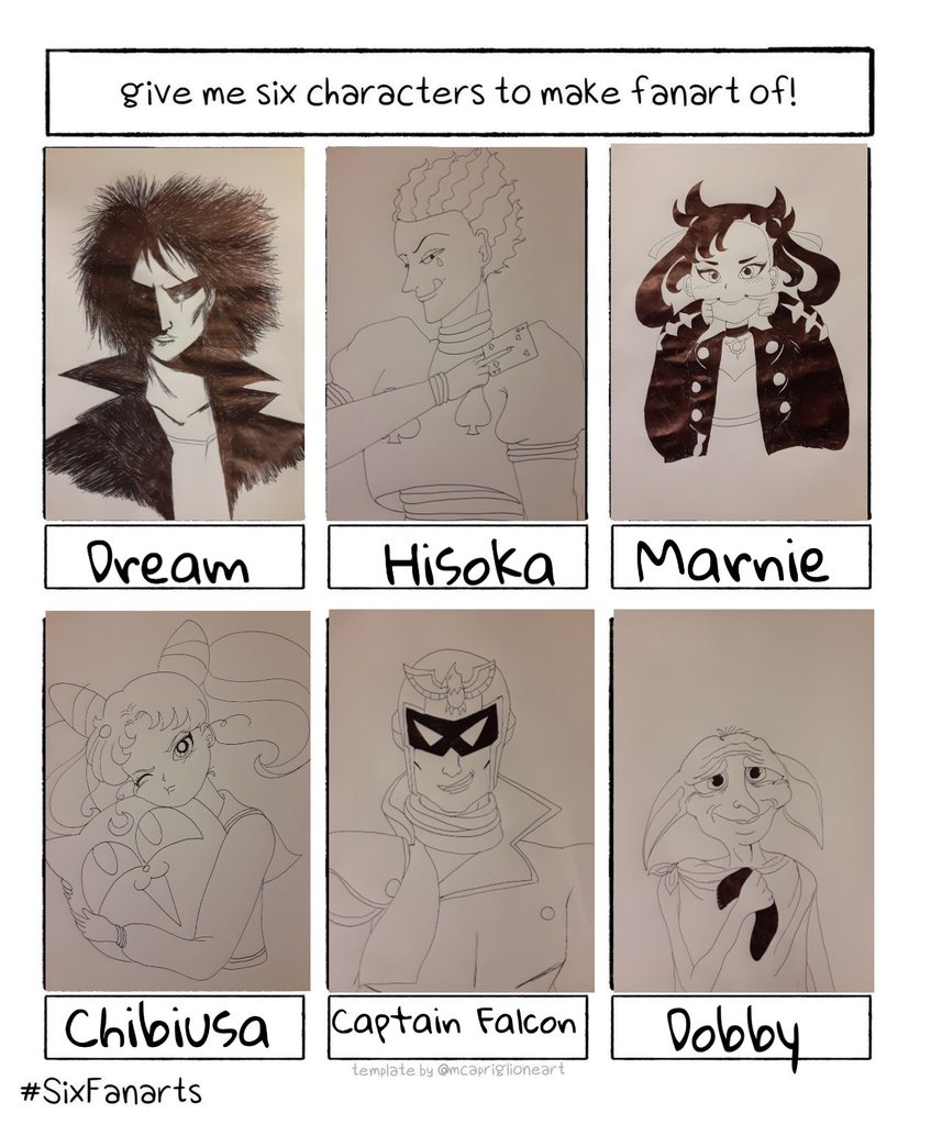 CaptSprinkles7's tweet photo. This was fun #SixFanartsChallenge
#Dream #Hisoka #Marnie #Chibiusa #Captainfalcon #Dobby https://t.co/B655luk1gk