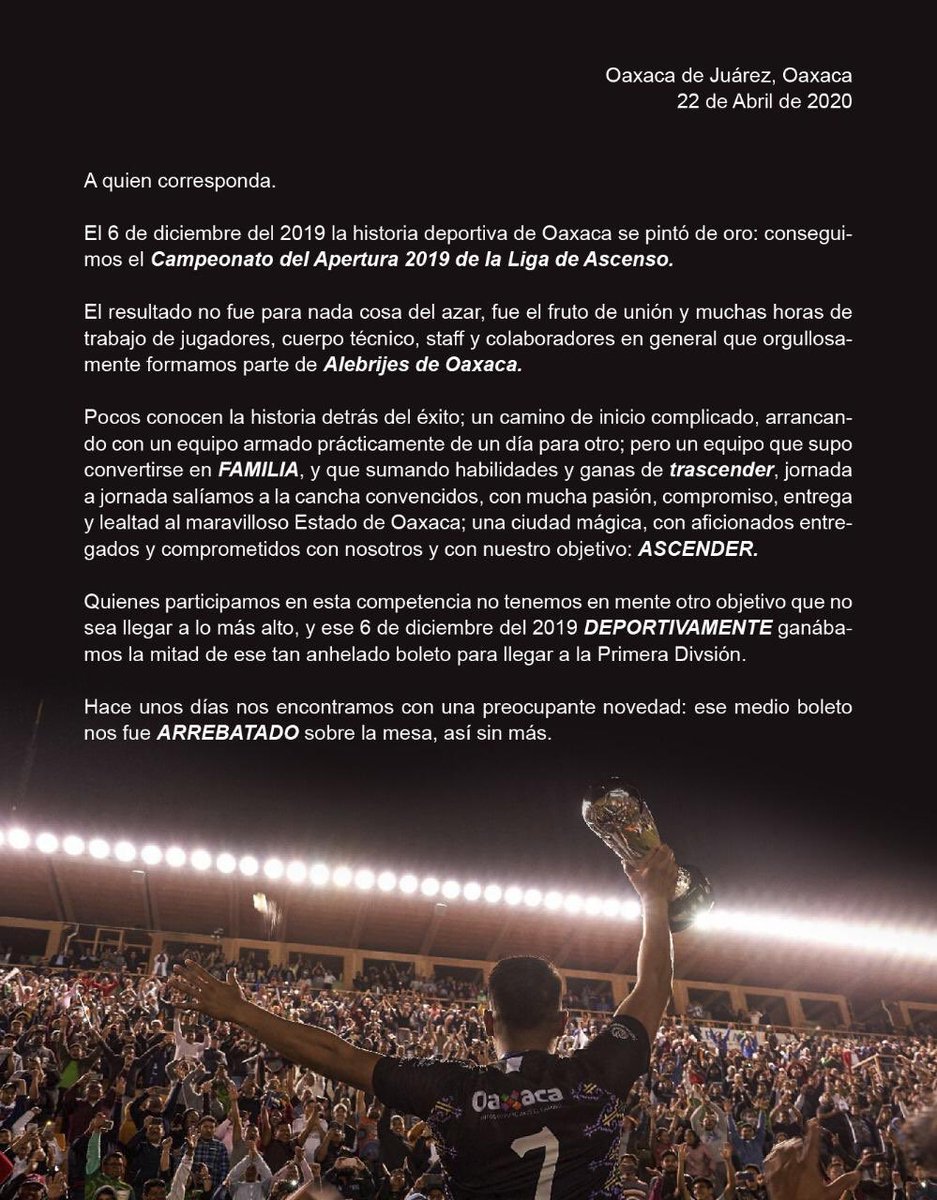 ledesma_jav's tweet image. 🗣 Comunicado por parte de Jugadores y Cuerpo Técnico de Alebrijes de Oaxaca 👊🏻 #SinAscensoNoHayDesarrollo 
#TodosSomosAscenso 
#AlebrijesQuiereAscenso 
#JueguenLimpio @LigaBBVAMX @AscensoBBVAMX @AMFproMX