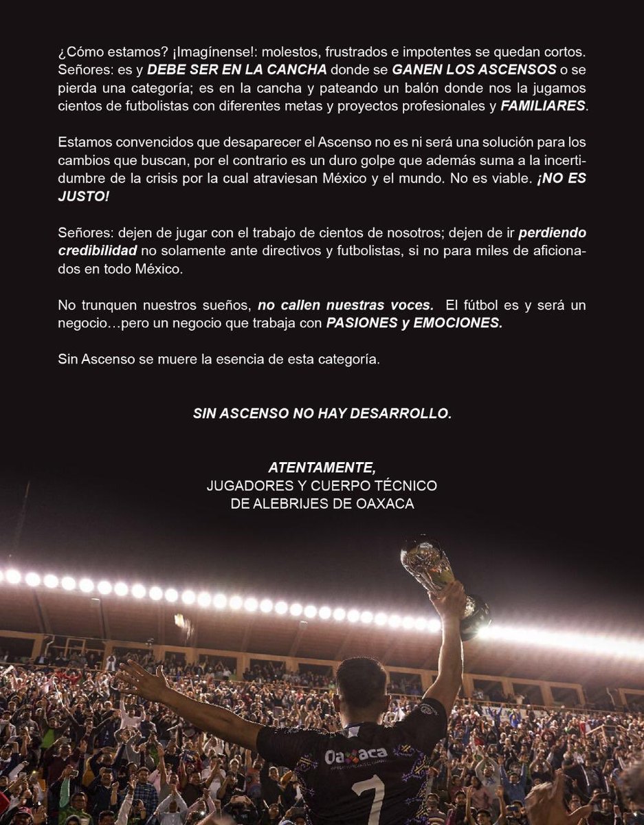 ledesma_jav's tweet image. 🗣 Comunicado por parte de Jugadores y Cuerpo Técnico de Alebrijes de Oaxaca 👊🏻 #SinAscensoNoHayDesarrollo 
#TodosSomosAscenso 
#AlebrijesQuiereAscenso 
#JueguenLimpio @LigaBBVAMX @AscensoBBVAMX @AMFproMX