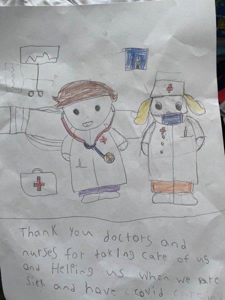 StMariaGorett's tweet photo. Jacob, from Mrs Ropar’s class, mindful gratitude moment said, “Thank you doctors and nurses for taking care of us and helping patients fight Covid”.  Beautiful picture Jacob 💕#gratefulSMG #CanadaSaysThankYou @DPCDSBSchools https://t.co/WAPuFXZOKw