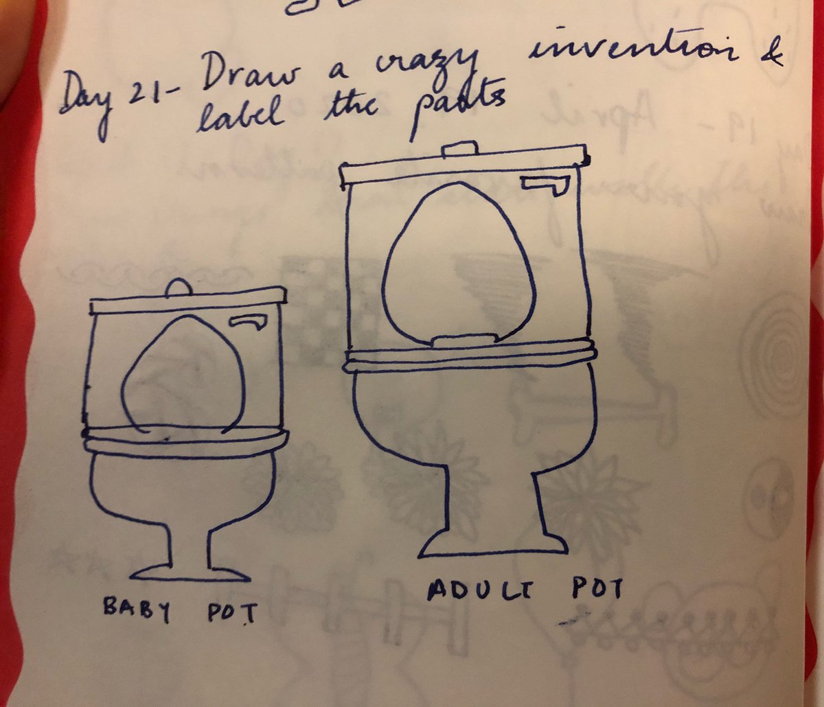 Day 21: Been 3 yrs since I used the loo in peace. always a child who has to go at the exact same time as me or they have 2000 questions exactly when I am in. Hence this invention for mothers to be able to use the loo in peace with a small sized pot beside the regular one.